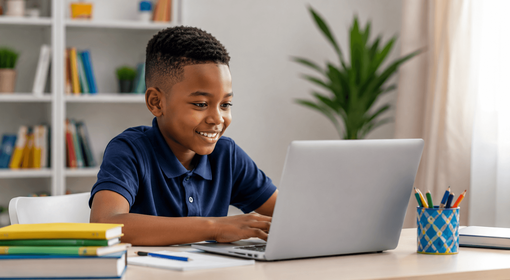 Happy child learning on a laptop